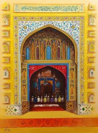 S. A. Noory, Wazir Khan Mosque, 30 x 42 Inch, Acrylic on Canvas, Figurative Painting, AC-SAN-161
